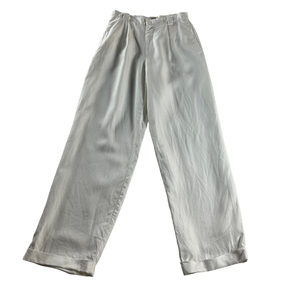 Gap‎ White Linen Pleated Trouser Pants Women's 6 Wide Leg Cuffed High Rise